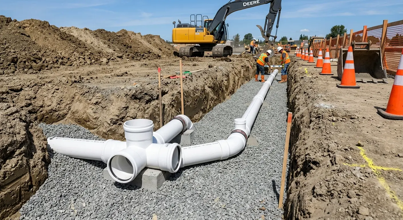 New PVC sewer pipe installation in open trench for Commercial Drain Cleaning in Daytona Beach Shores
